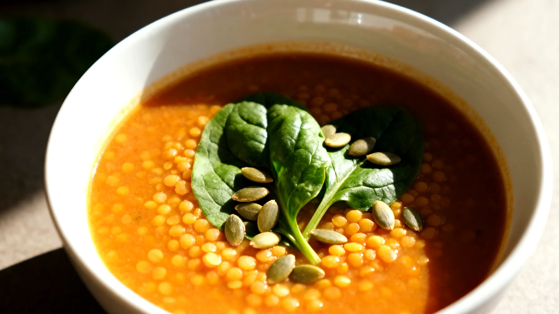 Zuppa di lenticchie rosse decorticate con spinaci e semi di zucca"