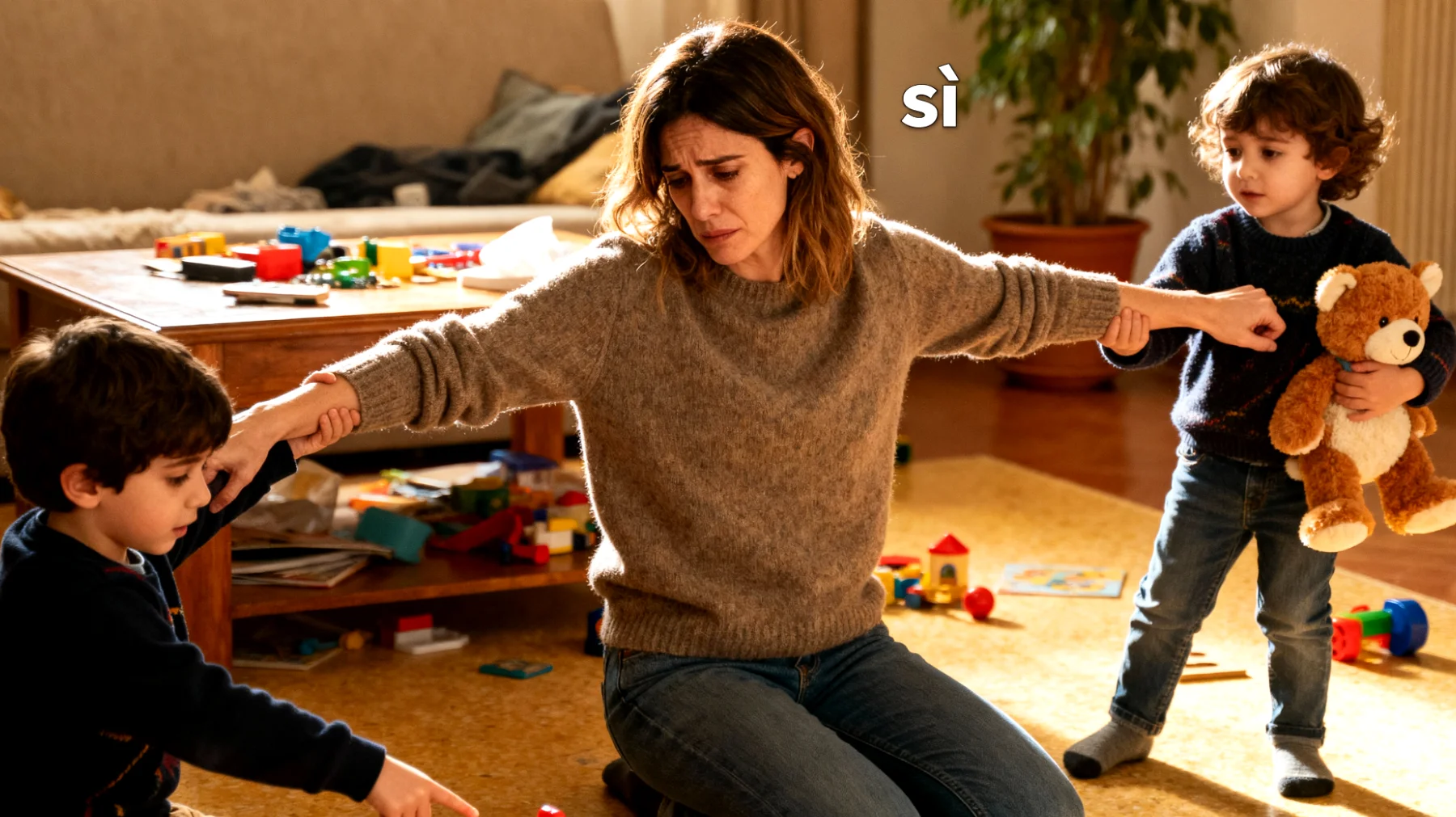 Mamma che non riesce a dire 'no' ai propri bambini, cedendo continuamente alle loro richieste per evitare capricci o sensi di colpa, creando difficoltà nel porre limiti educativi chiari e coerenti"