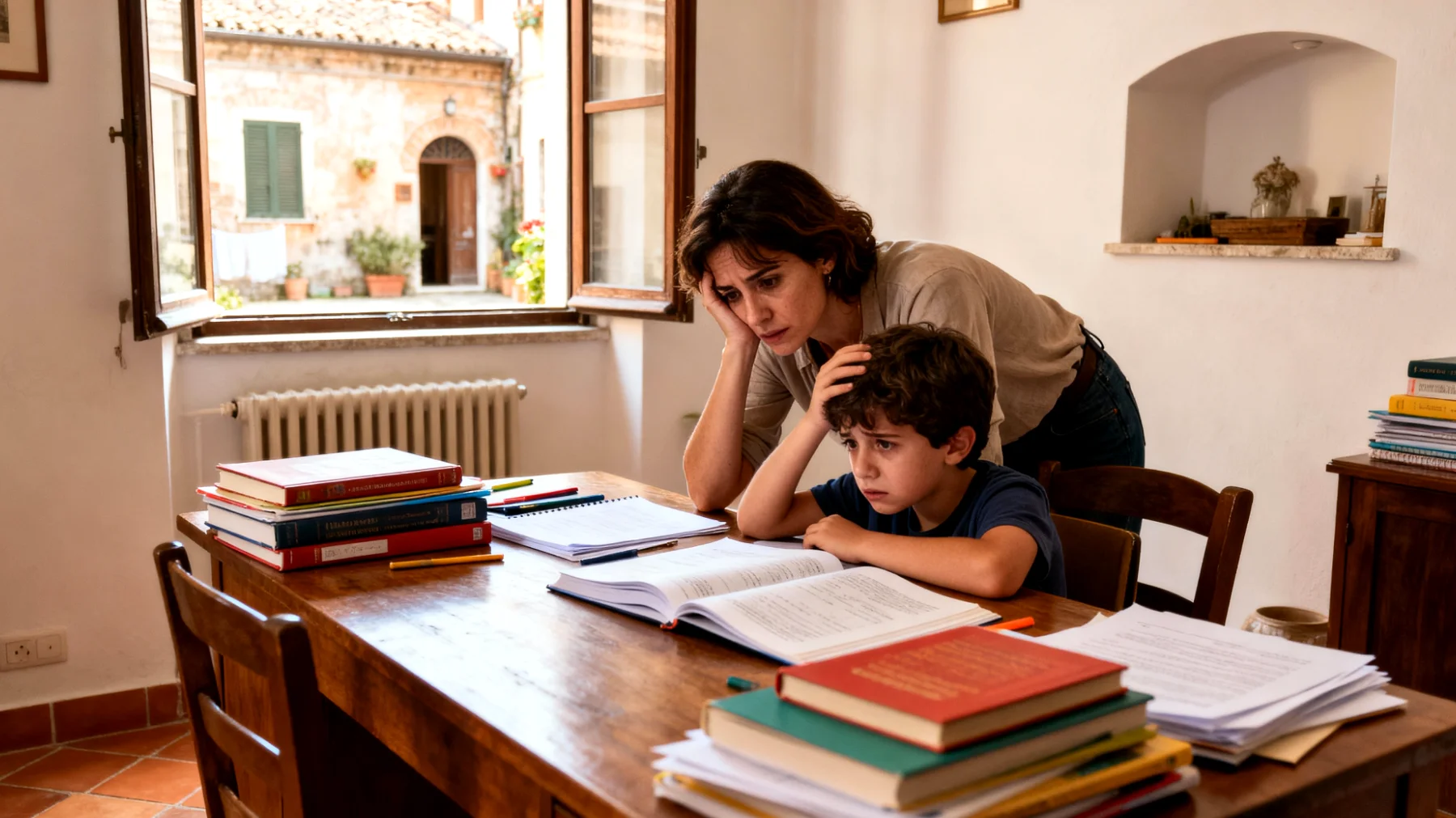 Una mamma che esercita pressioni eccessive sui propri bambini riguardo ai risultati scolastici, alle performance sportive e alle aspettative di comportamento, rischiando di compromettere la loro serenità e spontaneità infantile"