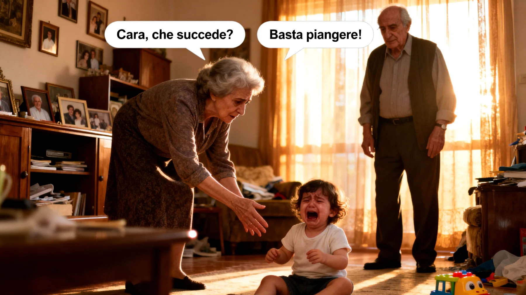 I nonni faticano a calmare e gestire le crisi emotive dei nipoti bambini, sentendosi sopraffatti da pianti improvvisi, capricci intensi e manifestazioni di rabbia, senza sapere come intervenire efficacemente per rassicurarli e aiutarli a ritrovare la serenità"