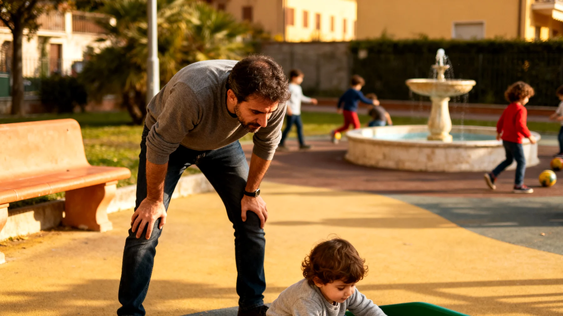 Papà che tende a proteggere eccessivamente i bambini, limitando le loro esperienze di autonomia e crescita per paura che si facciano male o vivano situazioni difficili"