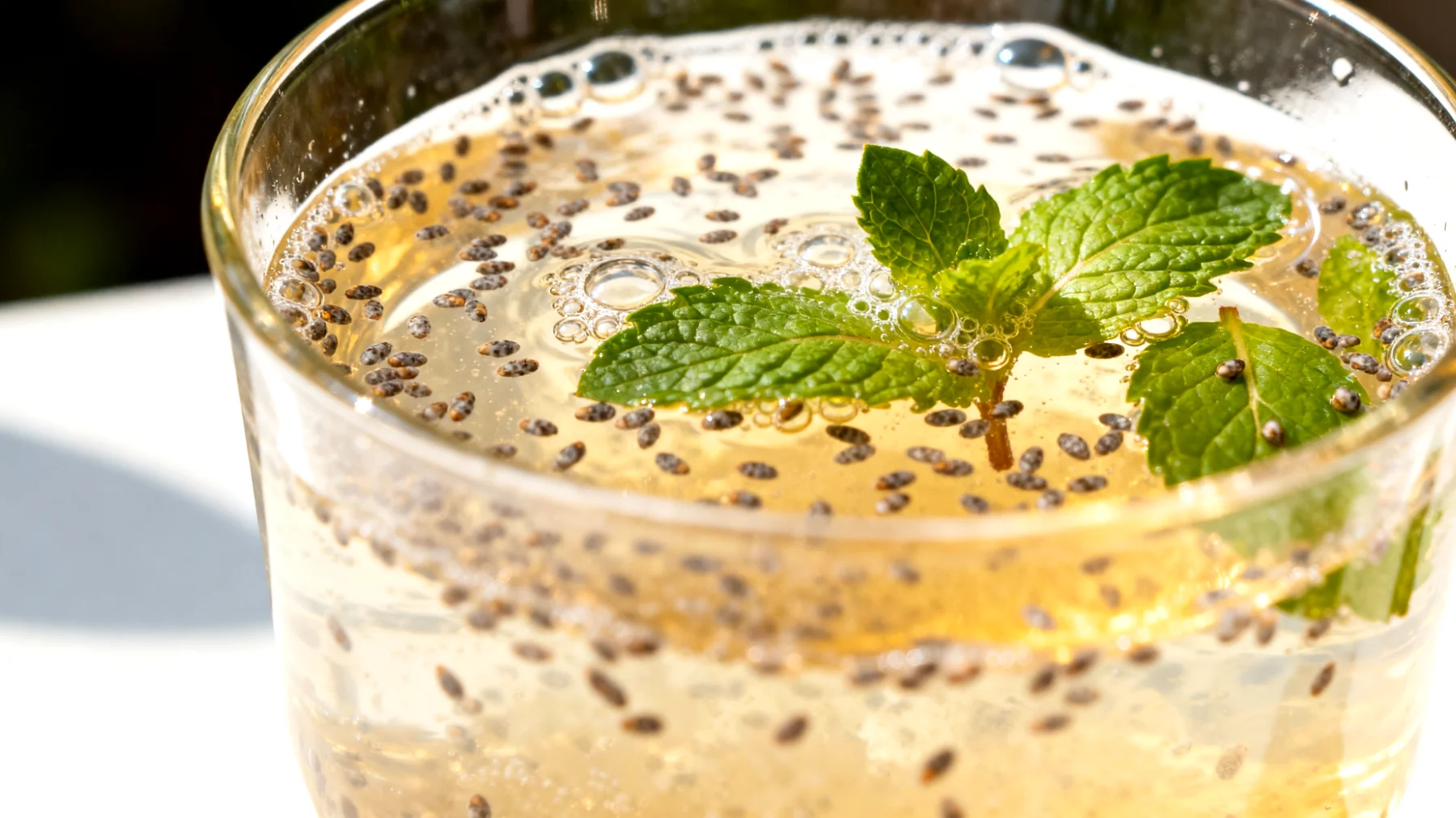 Kefir d'acqua con semi di chia e menta fresca"