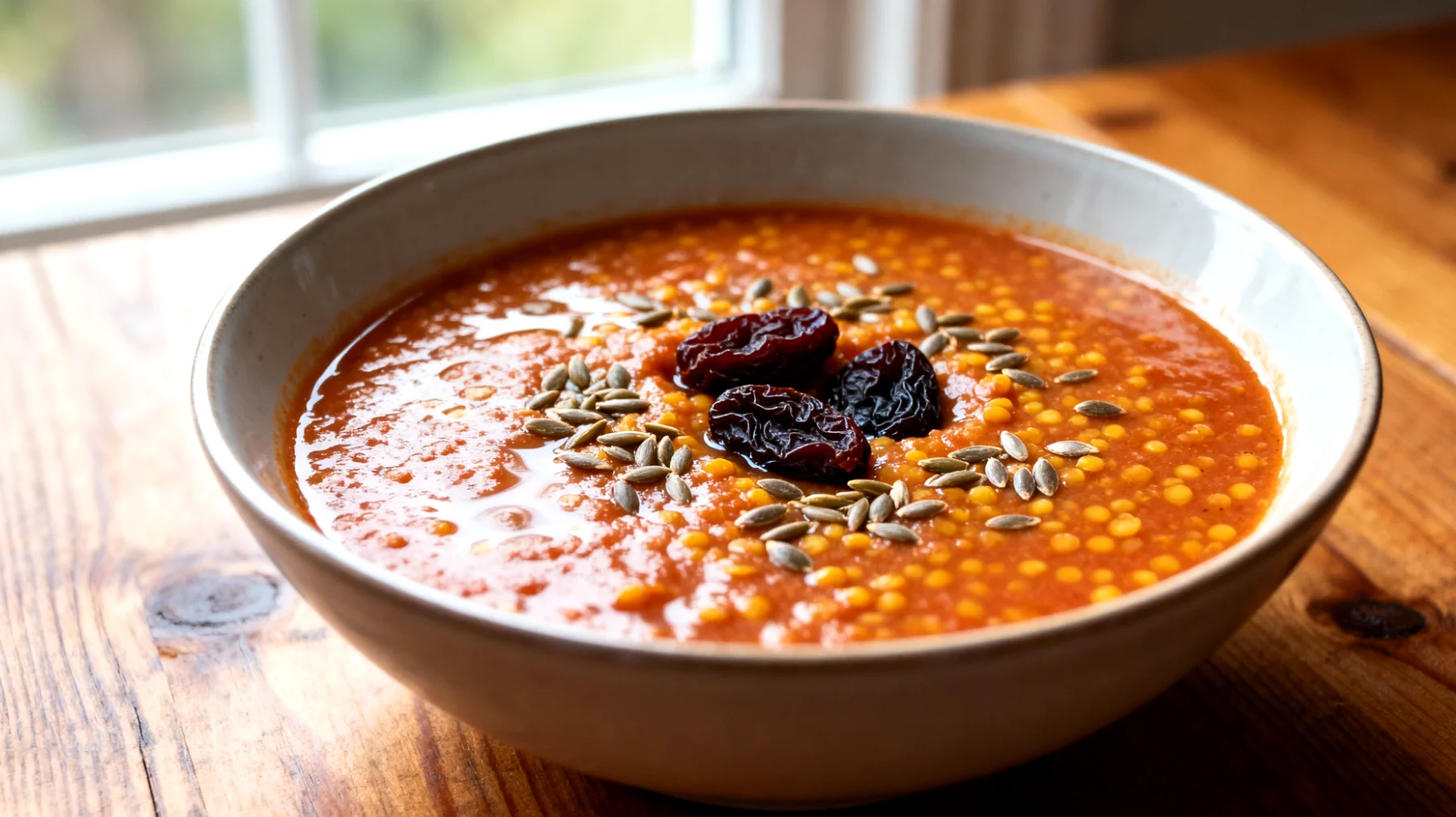 Zuppa di lenticchie rosse decorticate con semi di lino e prugne secche"