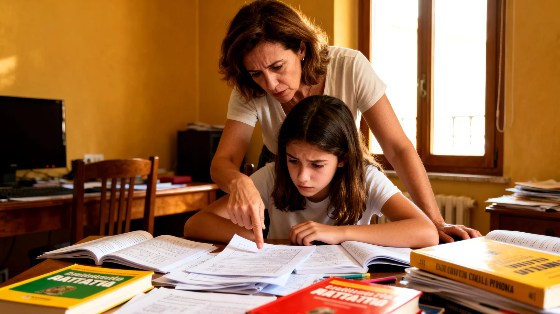 Mamma che esercita pressioni eccessive sulla figlia adolescente riguardo ai risultati scolastici, alle performance sportive e alle aspettative future, generando ansia e tensione nel rapporto"