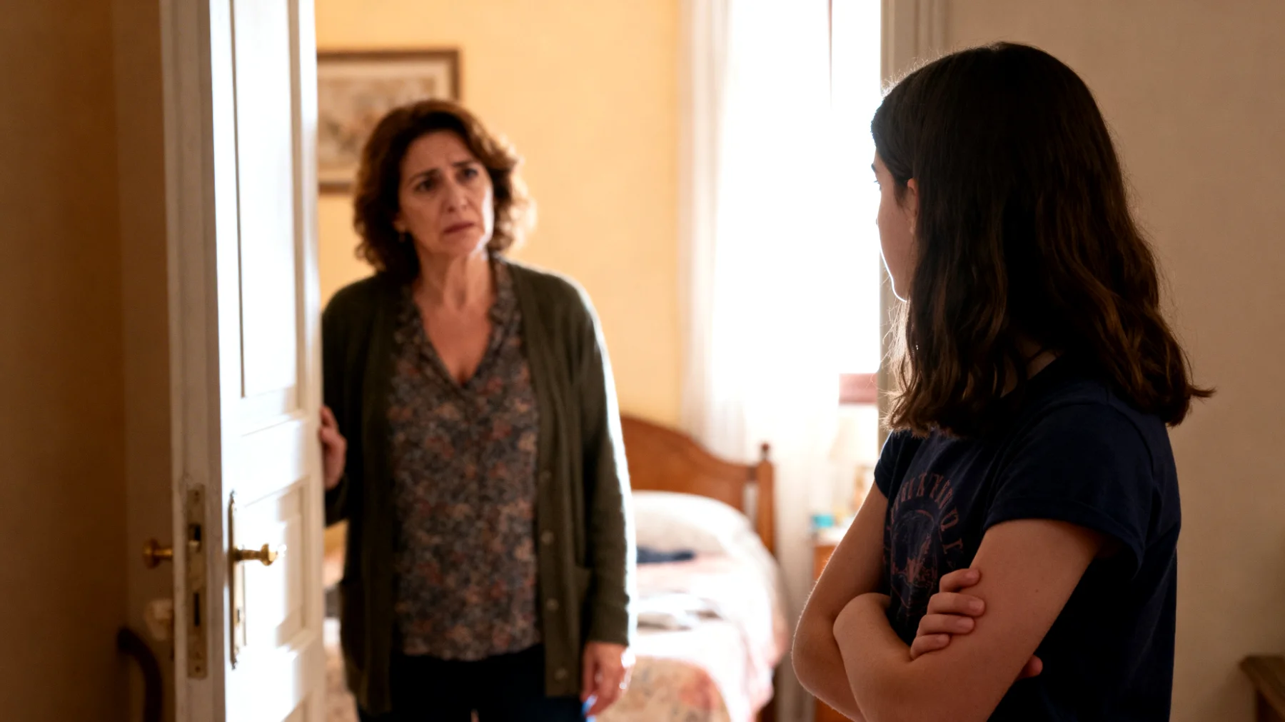 Una mamma fatica a comunicare con sua figlia adolescente che si chiude in camera, risponde a monosillabi e sembra costruire un muro invalicabile tra loro, rendendo impossibile un dialogo aperto e sincero"