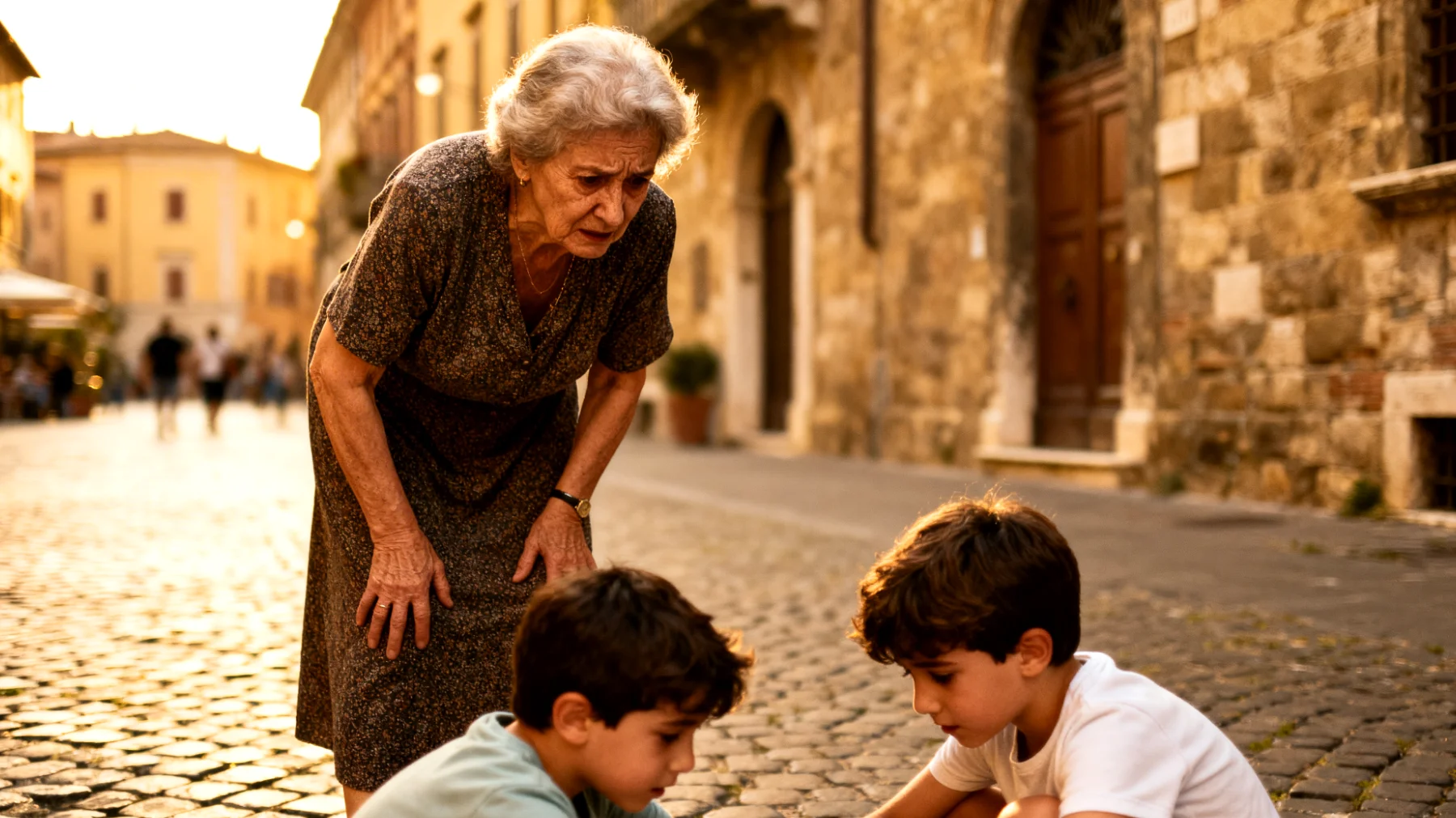 Una nonna che vive con l'ansia costante per il futuro dei suoi nipoti bambini, preoccupandosi eccessivamente della loro sicurezza, salute e opportunità future, al punto da trasmettere loro inquietudine e iperprotettività invece di serenità e fiducia"