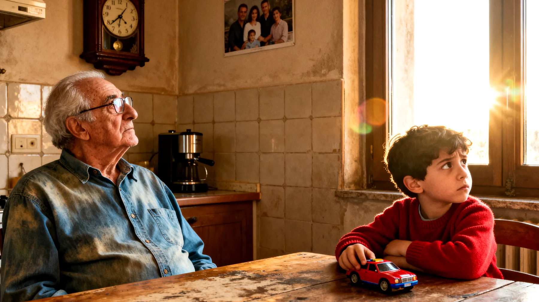 Il nonno fatica a comunicare con il nipote bambino: usa un linguaggio troppo formale o legato alla sua generazione, non riesce a capire gli interessi del piccolo e si sente incompreso o ignorato quando cerca di raccontare storie del passato o dare consigli."