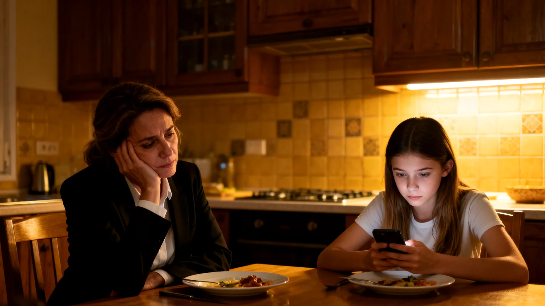 Una mamma che lavora a tempo pieno fatica a trovare momenti significativi da condividere con la figlia adolescente, limitandosi a interazioni superficiali e funzionali (compiti, cena veloce) senza creare un vero spazio di ascolto e connessione emotiva"