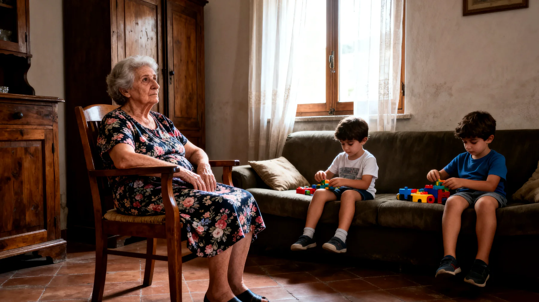 Nonna che fatica a creare un dialogo affettivo autentico con i nipoti bambini, limitandosi a occuparsi solo dei bisogni pratici senza riuscire a esprimere emozioni, raccontare storie personali o creare momenti di intimità emotiva"
