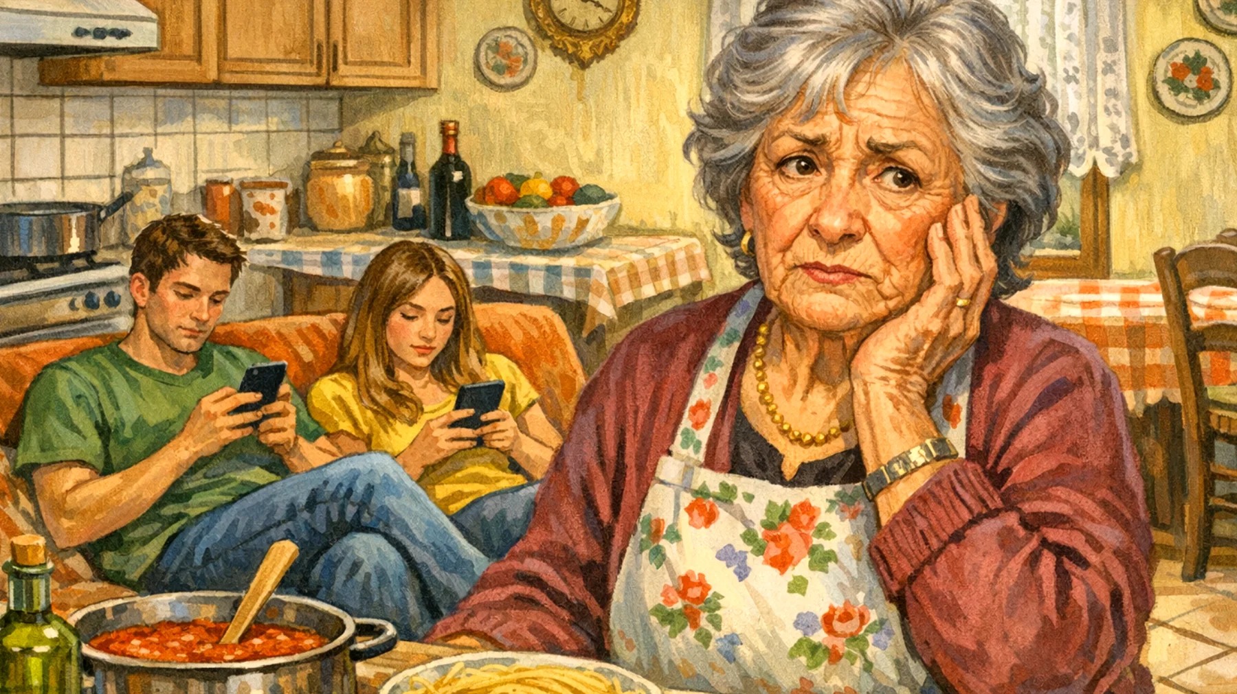 Nonna preoccupata perché i nipoti giovani adulti non collaborano nelle attività quotidiane quando vengono a trovarla, mostrandosi passivi e aspettandosi di essere serviti come quando erano bambini"