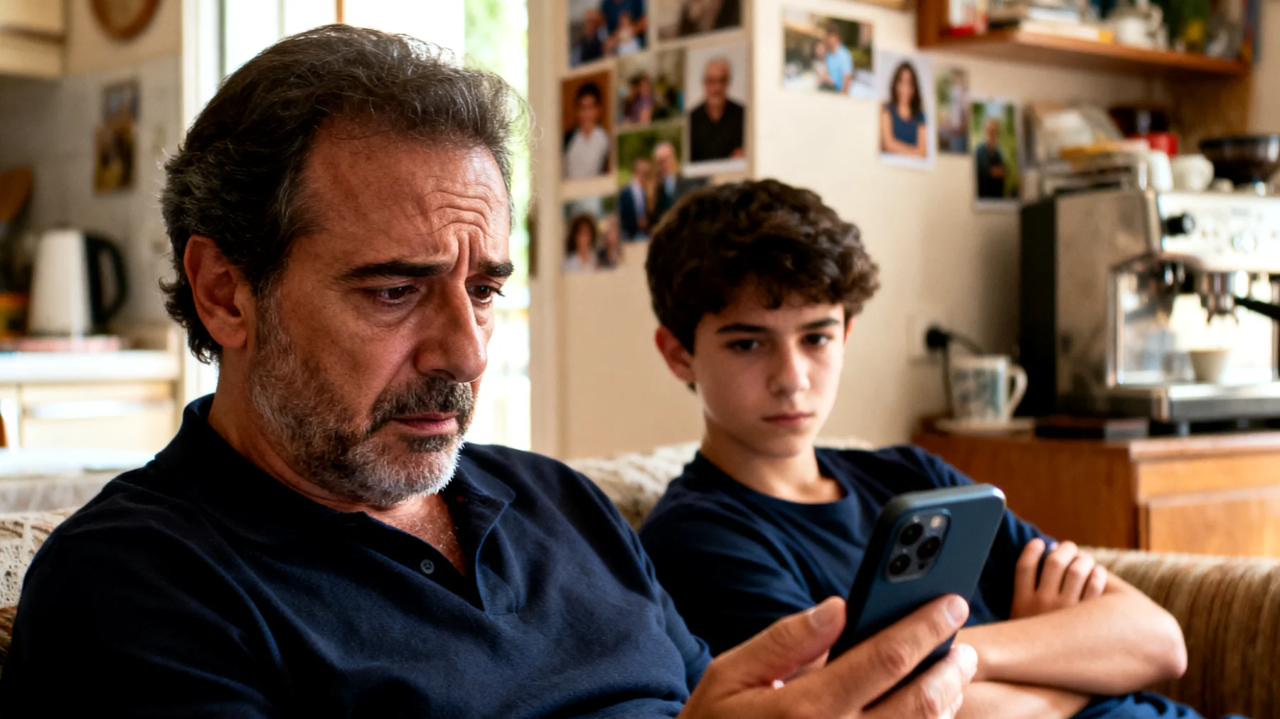 Papà che scopre che il figlio adolescente usa i social network in modo rischioso, pubblicando contenuti inappropriati, chattando con sconosciuti o esponendosi a cyberbullismo, e fatica a intervenire senza compromettere il rapporto di fiducia"