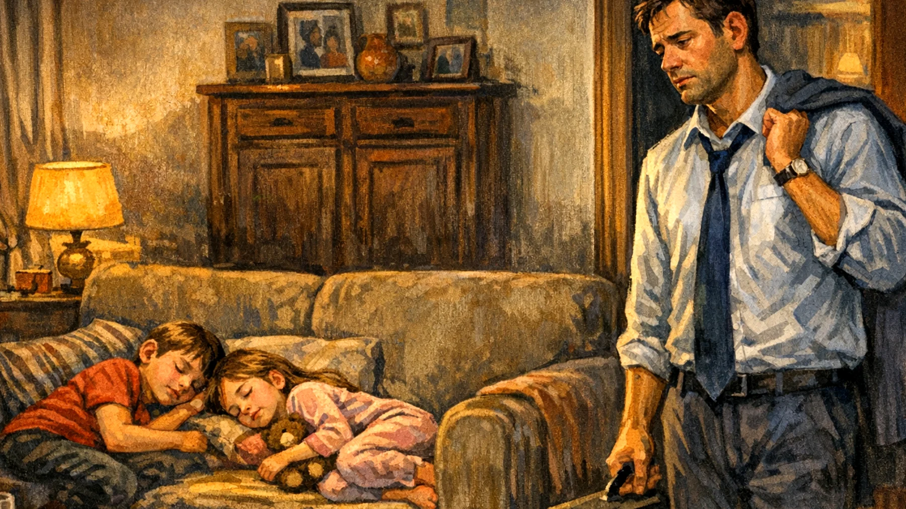 Papà che rientra tardi dal lavoro e fatica a trovare energie e momenti di qualità con i bambini piccoli, sentendosi escluso dalla routine quotidiana e distante emotivamente"