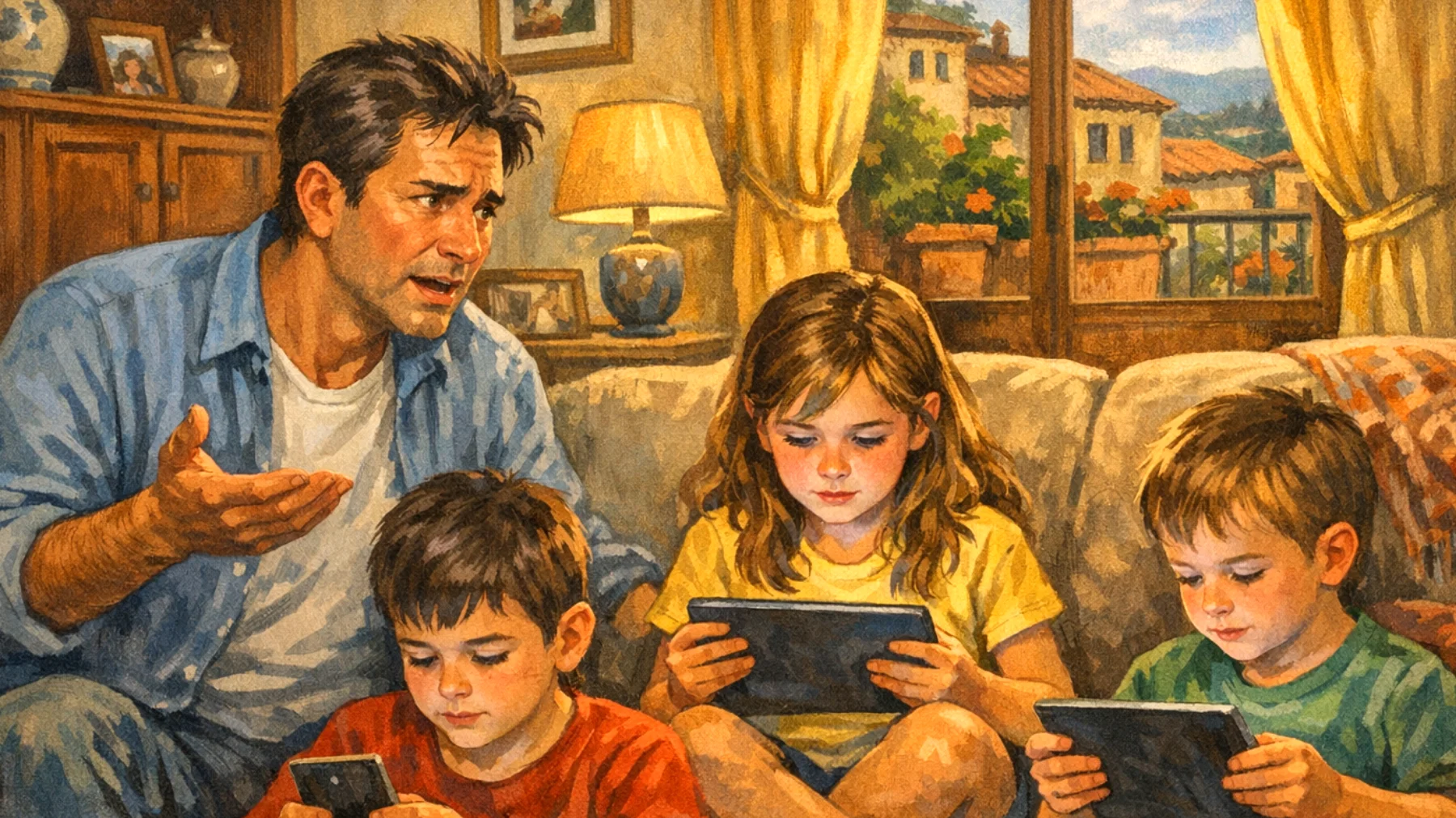 Papà che fatica a gestire l'uso eccessivo di smartphone, tablet e videogiochi da parte dei bambini, con conflitti quotidiani al momento di staccarsi dagli schermi"