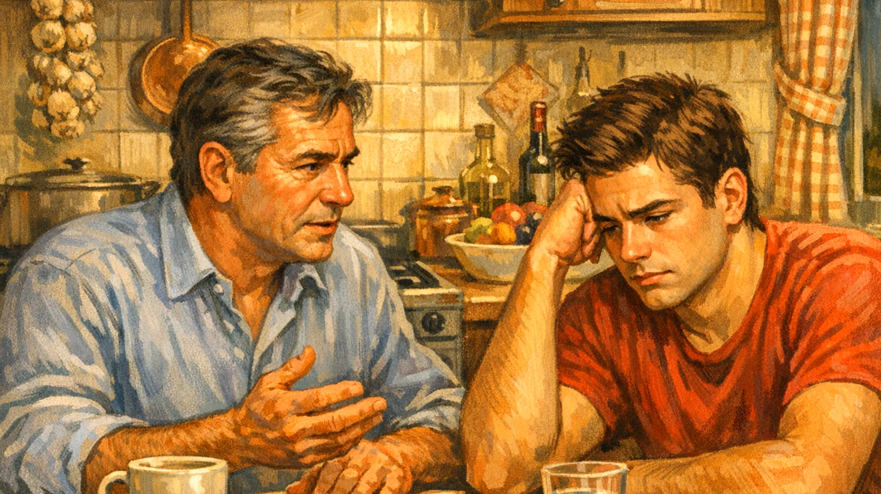 Papà che fatica a gestire la frustrazione del figlio giovane adulto di fronte ai fallimenti lavorativi e alle difficoltà nel raggiungere l'indipendenza economica"